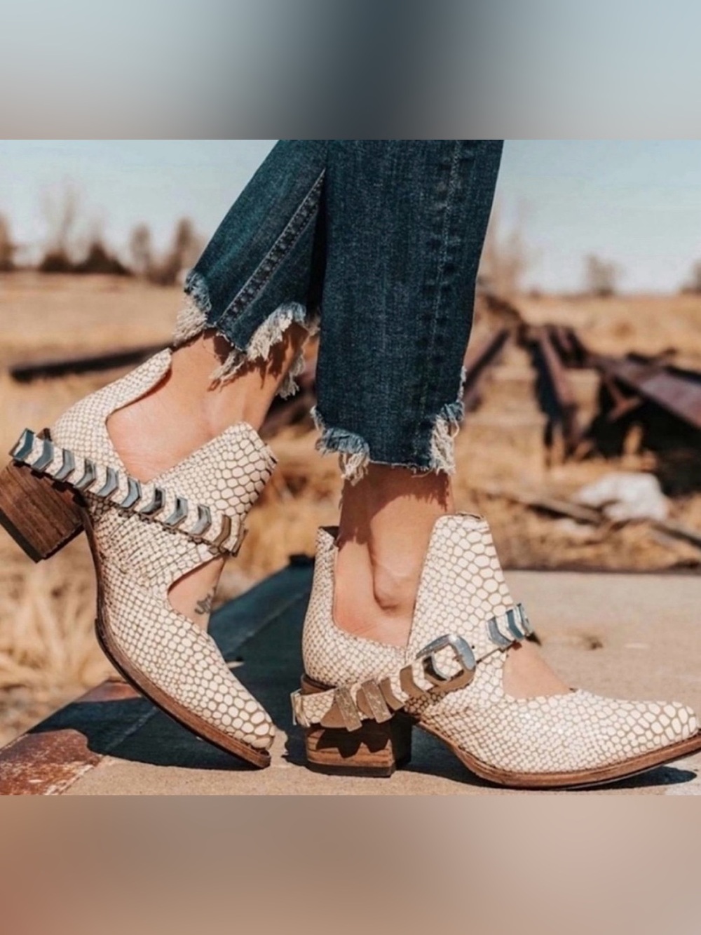 FreeBird Blade Distressed Ivory Snake Leather Buckle Ankle Boots 8
